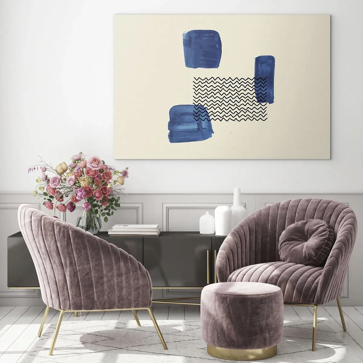 Quadro su vetro - Astrazione moderna con accenti blu - 70x50cm - Quartetto astratto - Decorazione murale moderna per soggiorno e camera da letto ARTTOR