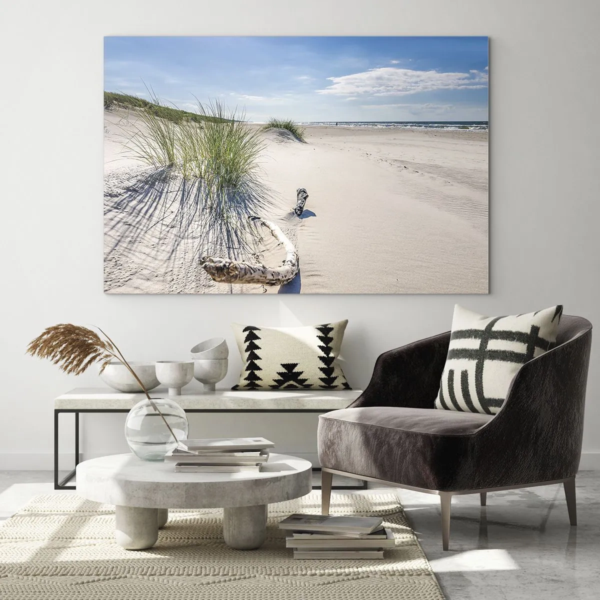 Quadro su vetro - Una spiaggia soleggiata con dune e alghe marine - 70x50cm - La più bella? Quella del baltico - Decorazione murale moderna per soggiorno e camera da letto ARTTOR