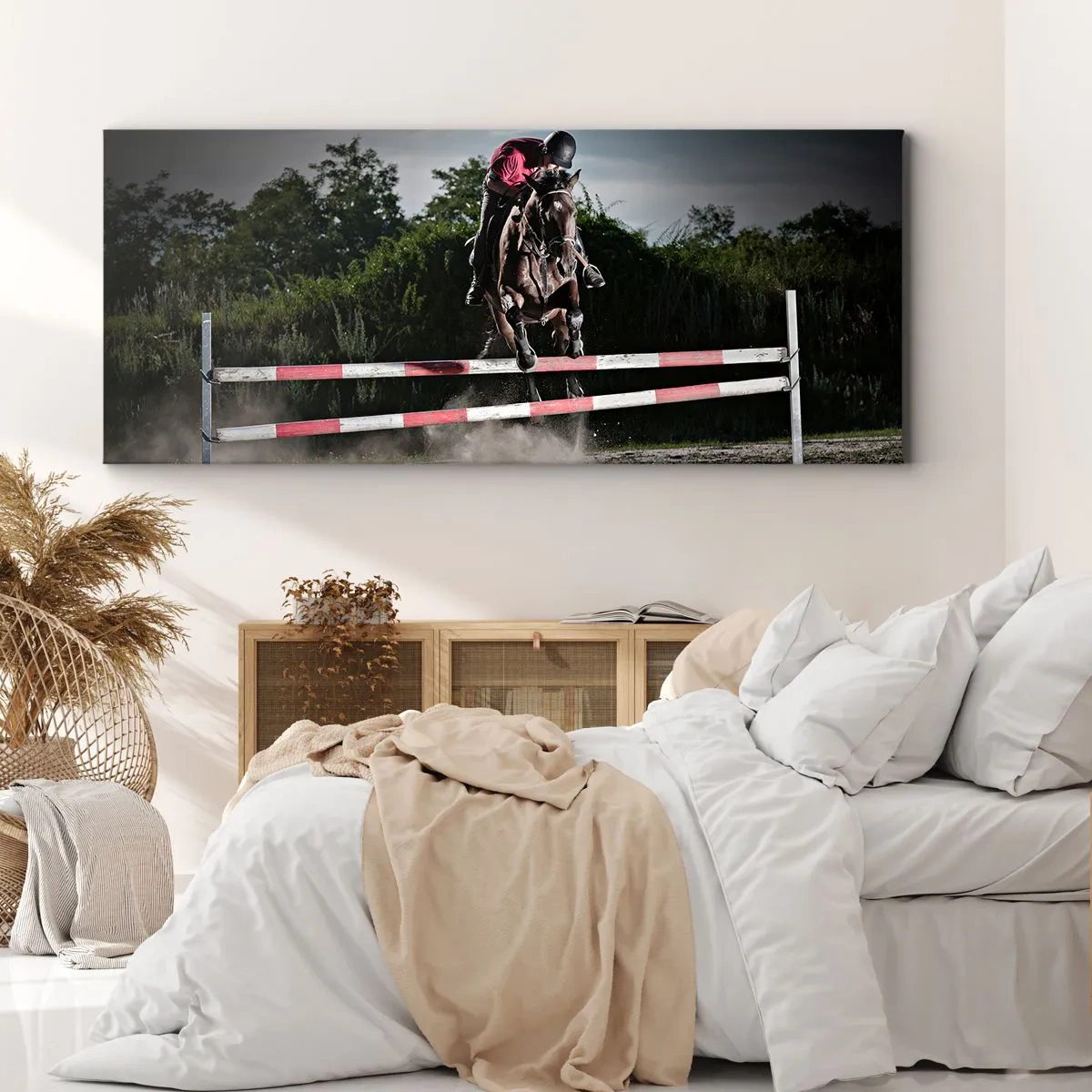 Quadro su tela - Stampe su Tela - Un cavaliere su un cavallo che salta un ostacolo su una pista da corsa - 160x50cm - Insieme fino alla vittoria - Decorazione murale moderna per soggiorno e camera da letto ARTTOR