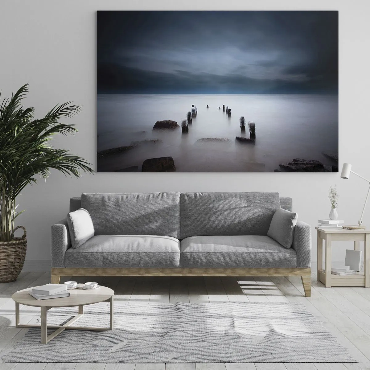 Quadro su vetro - Suggestivo paesaggio costiero con palafitte in legno - 100x70cm - Lago pensieroso - Decorazione murale moderna per soggiorno e camera da letto ARTTOR