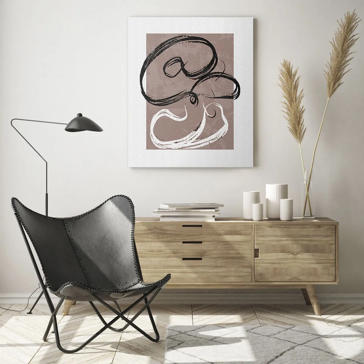 Quadro su vetro - Pennellate dinamiche in bianco e nero su sfondo beige. - 50x70cm - Composizione: alla ricerca della pienezza - Decorazione murale moderna per soggiorno e camera da letto ARTTOR
