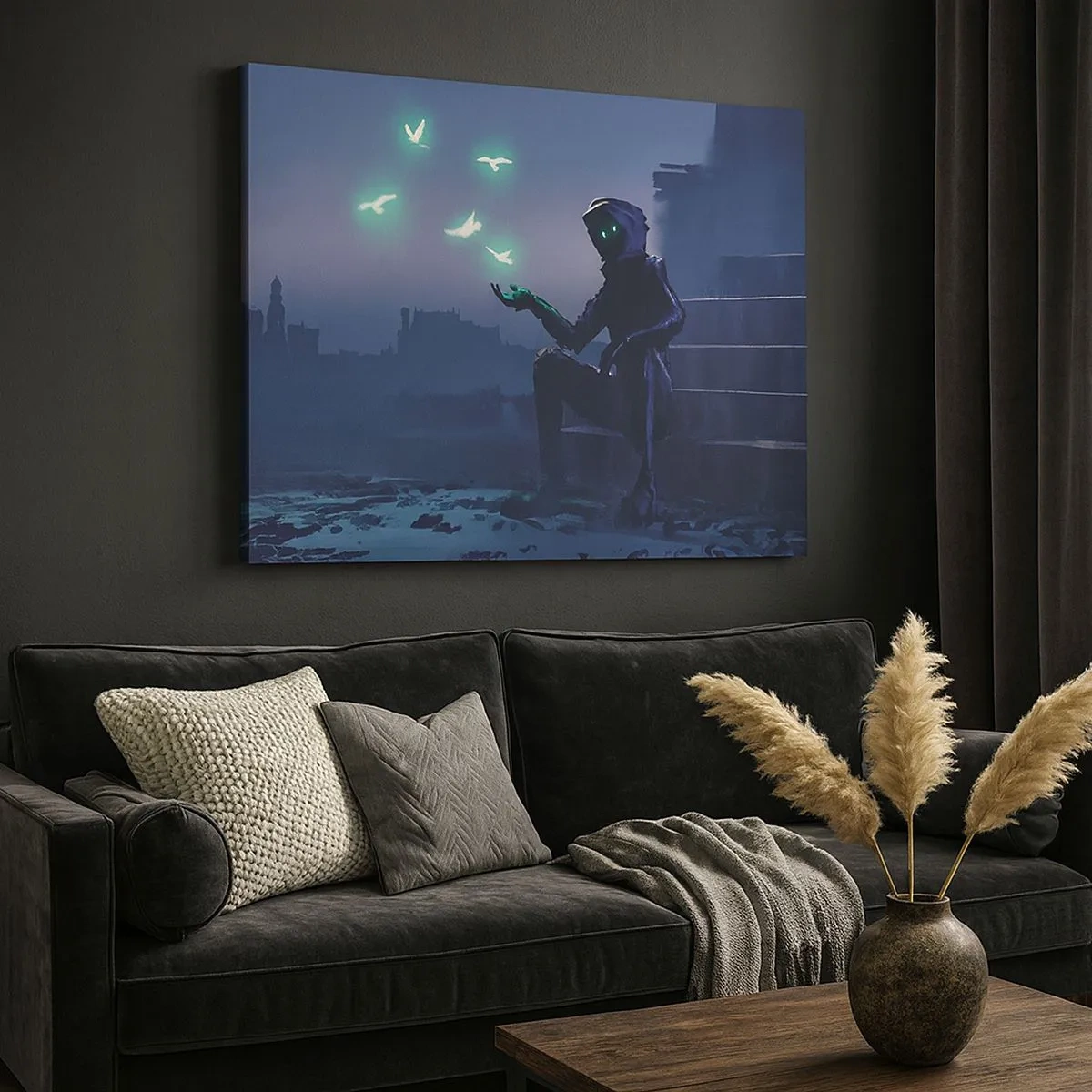 Quadro su tela - Stampe su Tela - Una figura incappucciata con uccelli magici sullo sfondo di una città - 70x50cm - La vita ritorna - Decorazione murale moderna per soggiorno e camera da letto ARTTOR