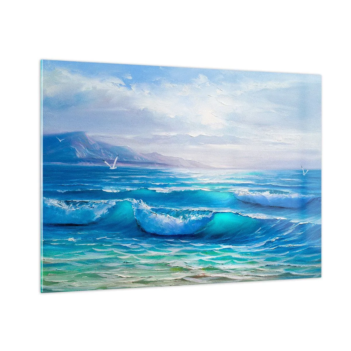 Quadro su vetro - Onde blu del mare che lambiscono la riva in una giornata di sole - 100x70cm - Porta sollievo - Decorazione murale moderna per soggiorno e camera da letto ARTTOR