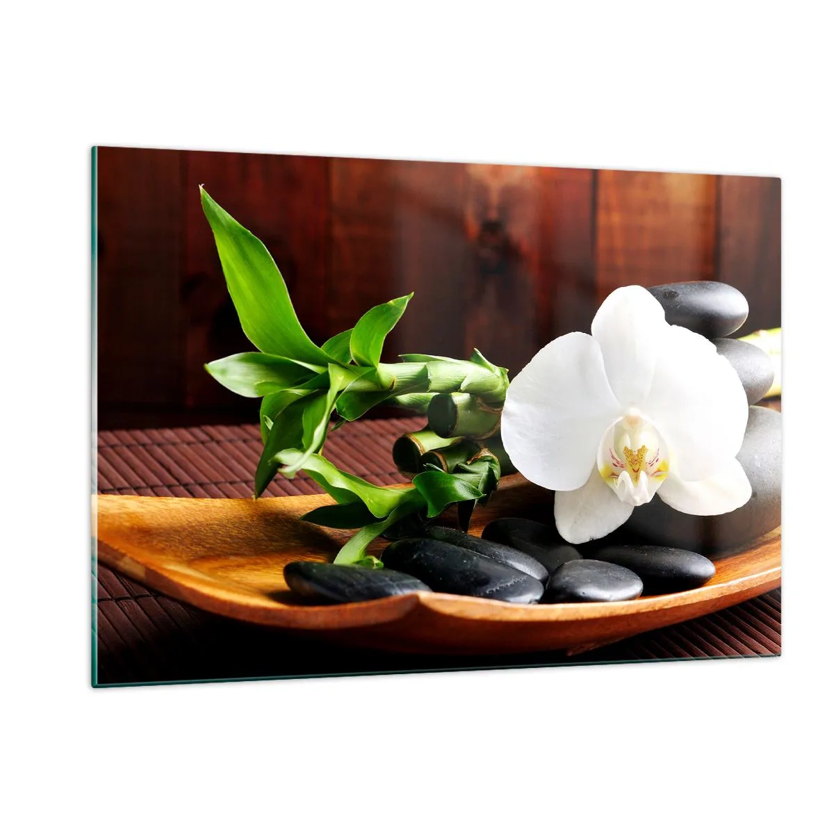 Quadro su vetro - Orchidea bianca su pietre nere e bambù in una ciotola di legno - 120x80cm - Lasciati toccare dalla natura - Decorazione murale moderna per soggiorno e camera da letto ARTTOR