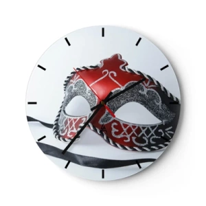 Orologio da parete - Orologio in Vetro - Maschera di Carnevale nei toni del rosso e del nero - 30x30cm - Invito al ballo - Decorazione murale moderna per soggiorno, cucina e camera da letto ARTTOR