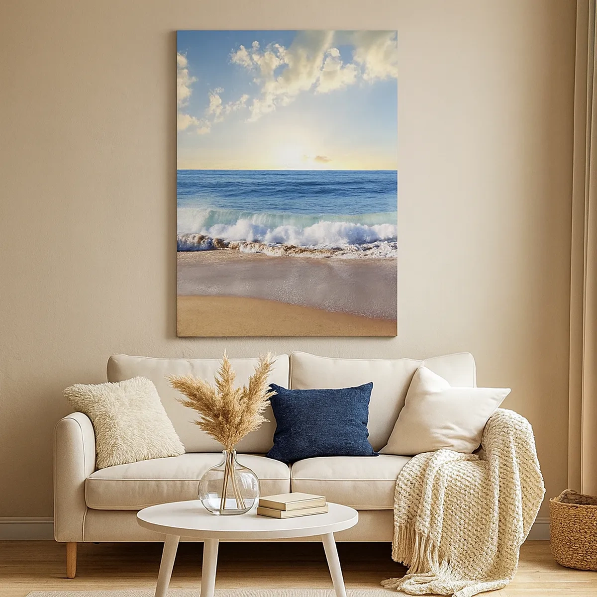 Quadro su tela - Stampe su Tela - Una spiaggia soleggiata con onde che si infrangono sulla riva - 50x70cm - Insieme movimento e immobilità - Decorazione murale moderna per soggiorno e camera da letto ARTTOR