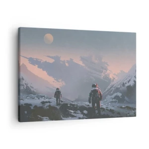 Quadro su tela - Stampe su Tela - Astronauti su un pianeta alieno con un relitto di astronave - 70x50cm - Sotto una stella sconosciuta - Decorazione murale moderna per soggiorno e camera da letto ARTTOR