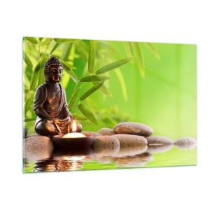 Quadro su vetro - Una figura di Buddha con una candela accesa in un ambiente verde - 120x80cm - La vita è bella - Decorazione murale moderna per soggiorno e camera da letto ARTTOR
