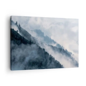 Quadro su tela - Stampe su Tela - La nebbia aleggia sui pendii boscosi delle montagne in un paesaggio misterioso - 70x50cm - La mistica dei monti - Decorazione murale moderna per soggiorno e camera da letto ARTTOR