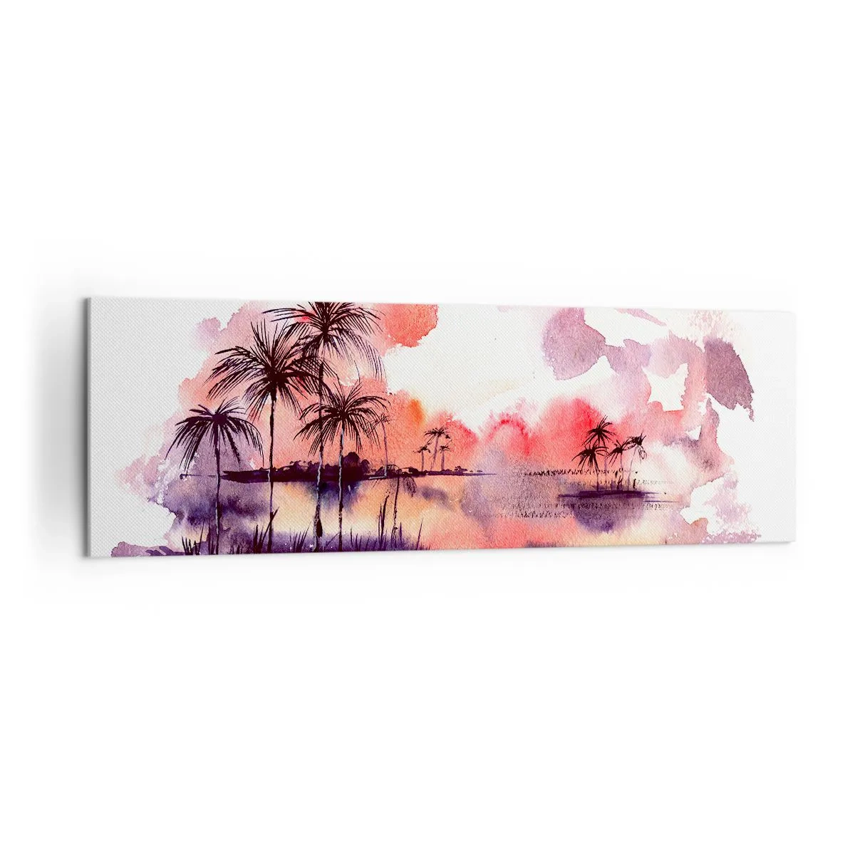 Quadro su tela - Stampe su Tela - Paesaggio tropicale con palme al tramonto in acquerello - 160x50cm - Pace dei tropici in rosso - Decorazione murale moderna per soggiorno e camera da letto ARTTOR
