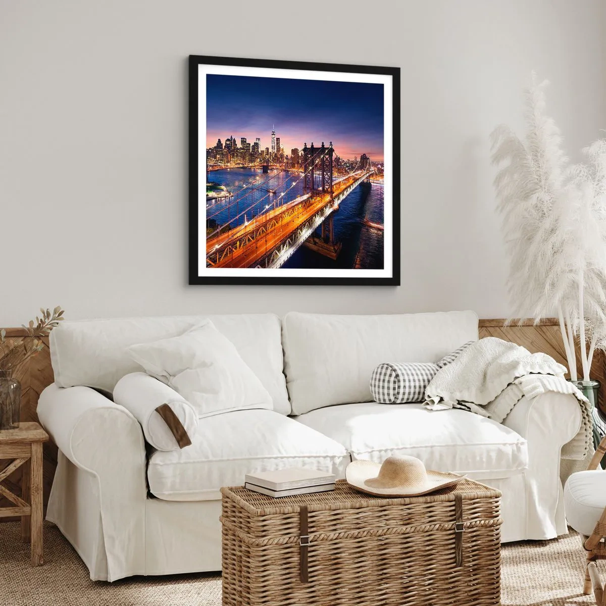 Poster in cornice nera - Il ponte luminoso fino al cuore della città - 50x50 cm