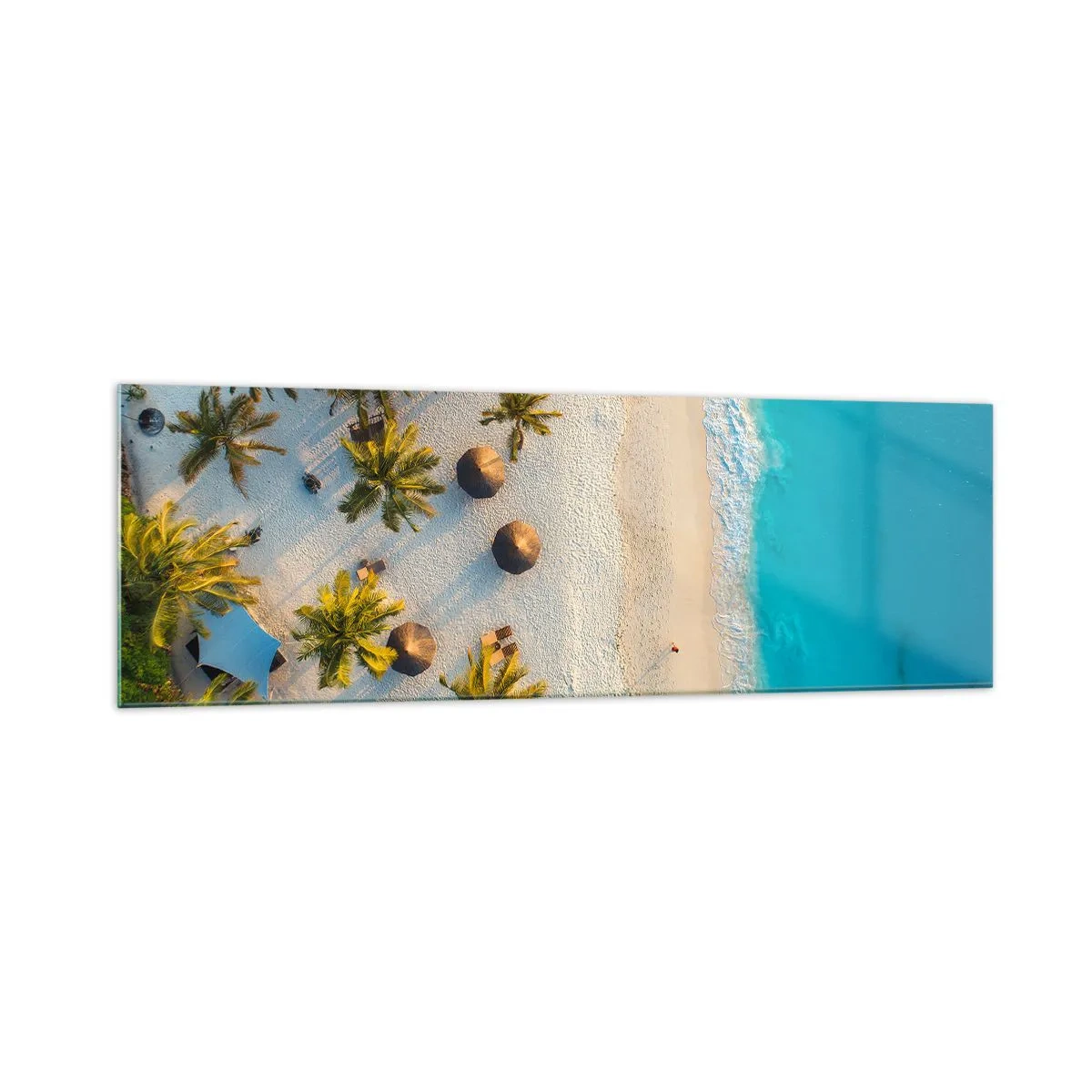 Quadro su vetro - Vista di una spiaggia tropicale con palme e mare turchese - 160x50cm - Benvenuti in paradiso - Decorazione murale moderna per soggiorno e camera da letto ARTTOR