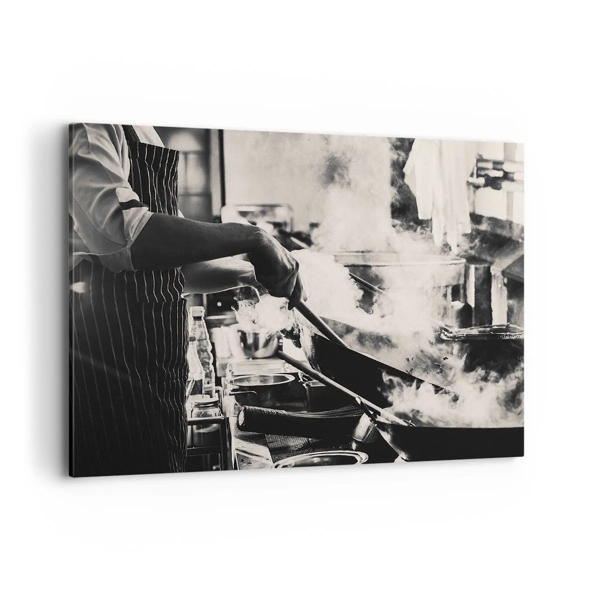 Quadro su tela - Stampe su Tela - Uno chef al lavoro in cucina con il vapore che esce da una padella - 100x70cm - L'alchimia dei sapori - Decorazione murale moderna per soggiorno e camera da letto ARTTOR