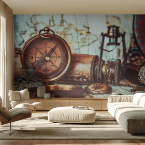 Fotomurali Premium Canvas - Un set retrò con bussola, telescopio e mappa a tema viaggio - 100x70cm - Ti aspetta l'avventura dei pirati dei Caraibi - Decorazione murale moderna per soggiorno e camera da letto ARTTOR