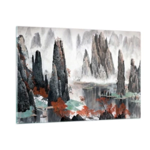 Quadro su vetro - Un pittoresco paesaggio montano con cime nebbiose e alberi rossi - 120x80cm - Protettori potenti - Decorazione murale moderna per soggiorno e camera da letto ARTTOR