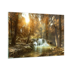 Quadro su vetro - Una cascata in un parco circondata da alberi nei colori autunnali - 100x70cm - Cascata nel parco - Decorazione murale moderna per soggiorno e camera da letto ARTTOR