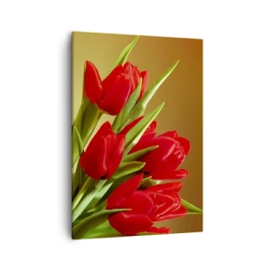 Quadro su tela - Stampe su Tela - Un bouquet di tulipani rossi su uno sfondo dorato con foglie verdi. - 50x70cm - Un mazzo di gioia primaverile - Decorazione murale moderna per soggiorno e camera da letto ARTTOR