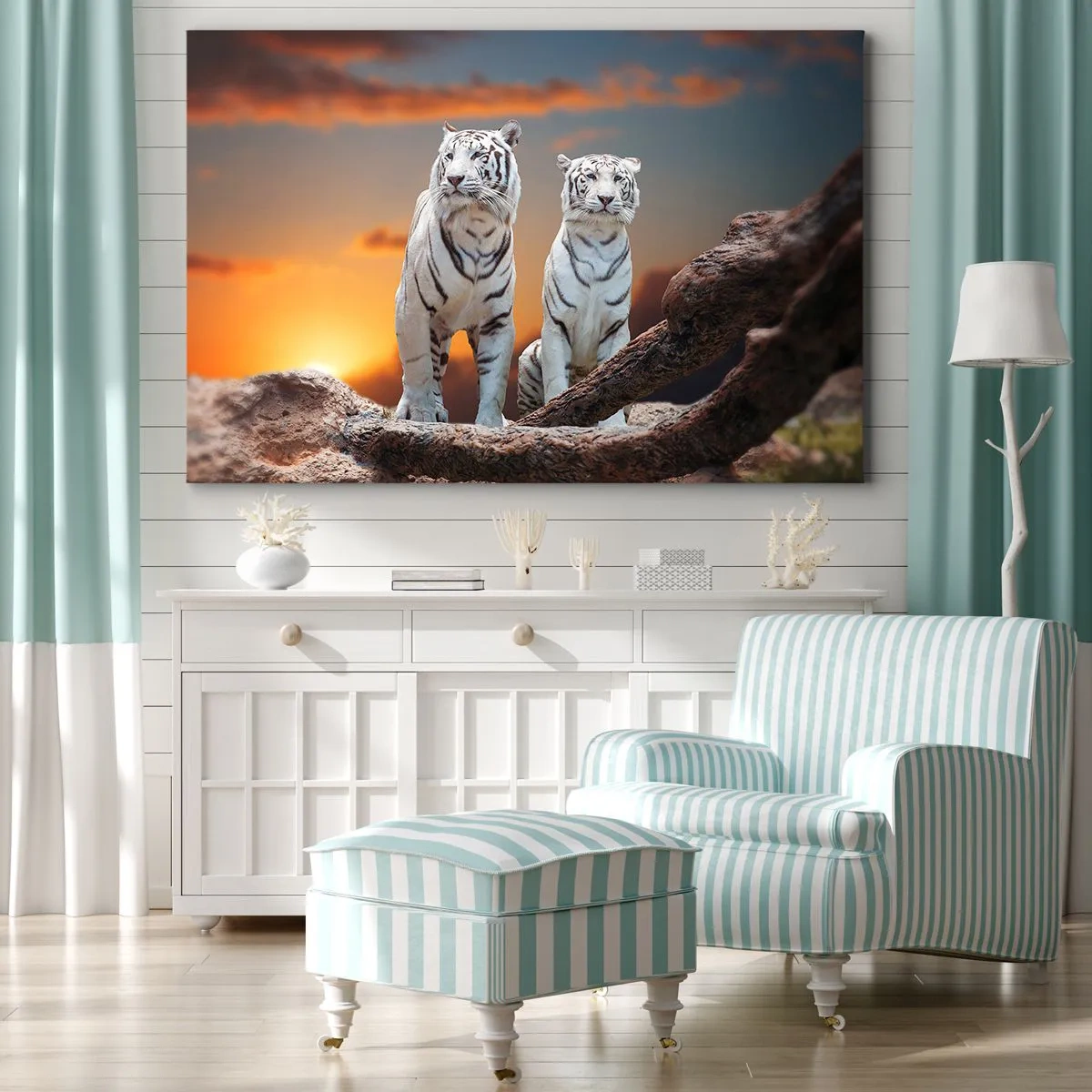 Quadro su tela - Stampe su Tela - Tigri bianche al tramonto sullo sfondo della natura - 70x50cm - Proprio come a Narnia - Decorazione murale moderna per soggiorno e camera da letto ARTTOR