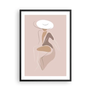Poster in cornice nera - Un'immagine minimalista di una donna con un cappello su uno sfondo beige. - 50x70cm - Essere una dama - Decorazione murale moderna per soggiorno e camera da letto ARTTOR