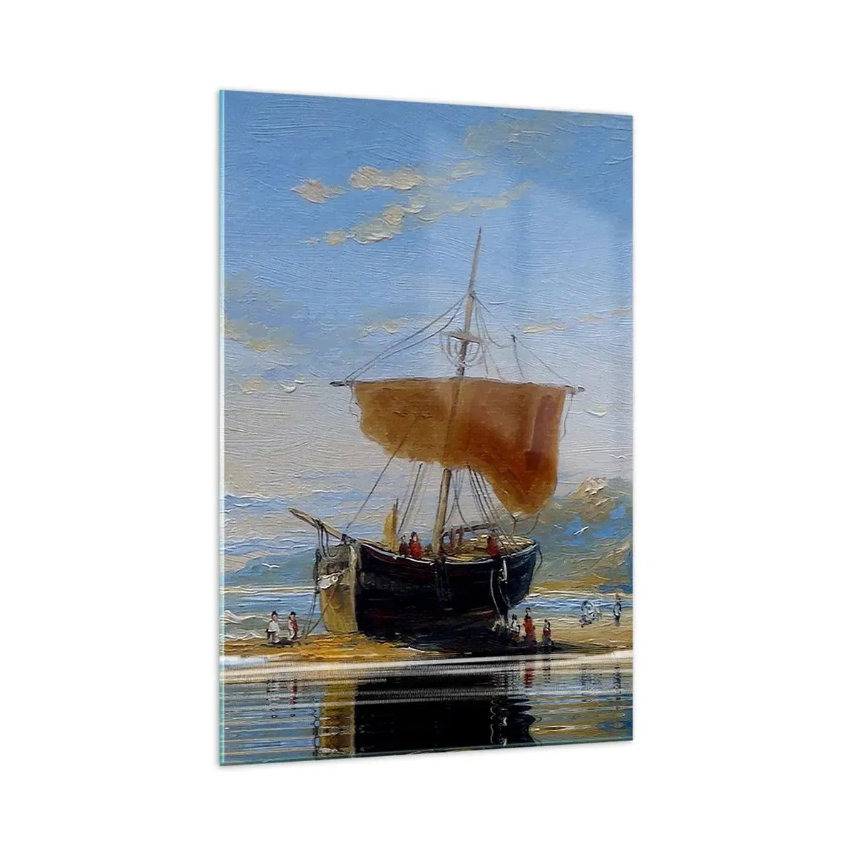 Quadro su vetro - Una nave in riva al mare in una giornata di sole - 70x100cm - Acqua, terra, aria - Decorazione murale moderna per soggiorno e camera da letto ARTTOR
