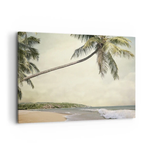 Quadro su tela - Stampe su Tela - Una spiaggia con palme sullo sfondo di un mare calmo - 100x70cm - Sogno tropicale - Decorazione murale moderna per soggiorno e camera da letto ARTTOR