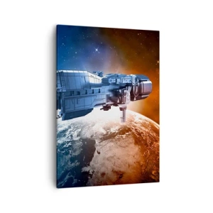 Quadro su tela - Stampe su Tela - Un'astronave sullo sfondo di un pianeta nello spazio - 50x70cm - Un attento osservatore - Decorazione murale moderna per soggiorno e camera da letto ARTTOR