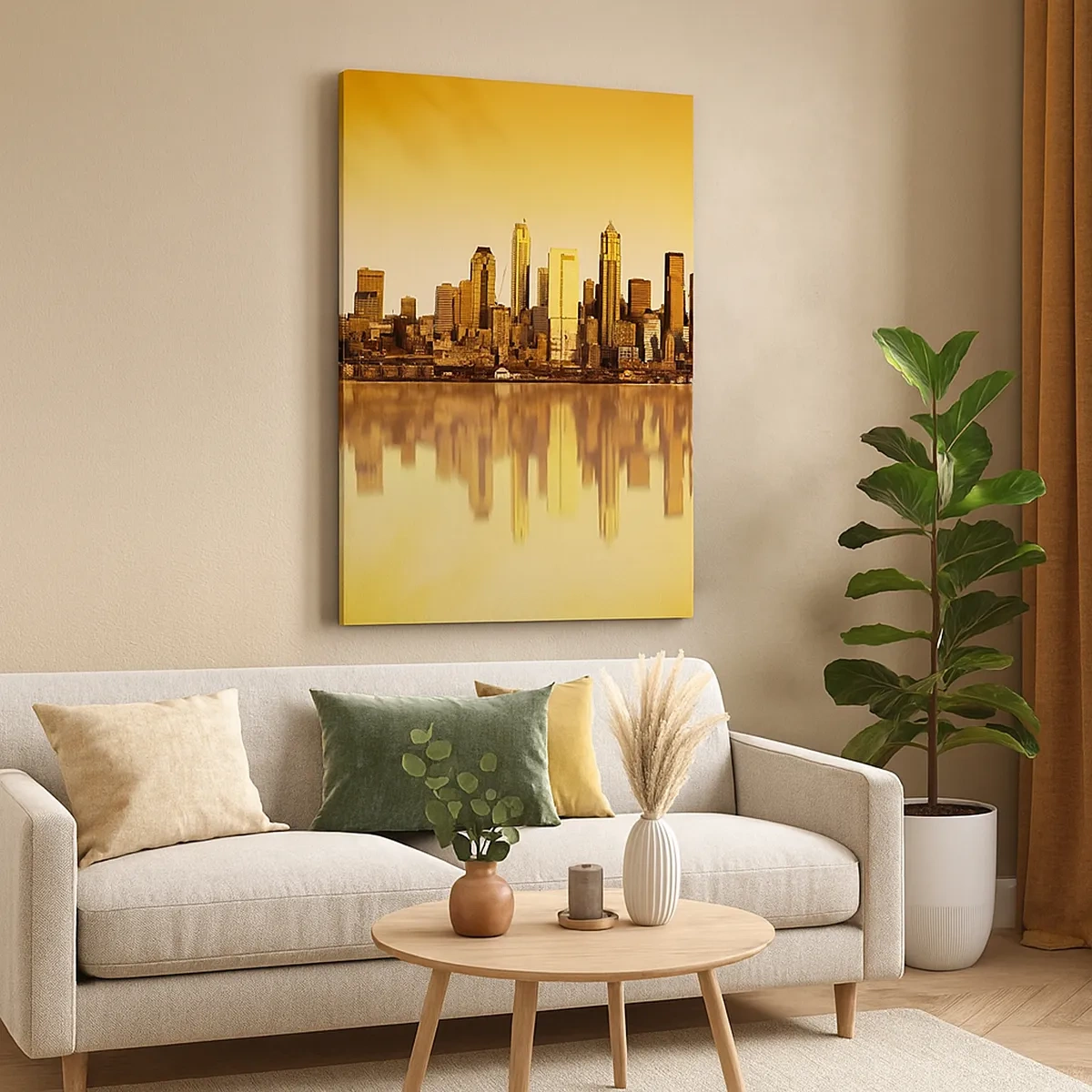 Quadro su tela - Stampe su Tela - Panorama della città riflesso nell'acqua al tramonto - 50x70cm - Silenzio della metropoli - Decorazione murale moderna per soggiorno e camera da letto ARTTOR