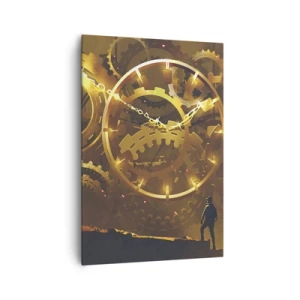 Quadro su tela - Stampe su Tela - Ingranaggi dorati in un ambiente surreale con una figura - 70x100cm - Alla fonte del tempo - Decorazione murale moderna per soggiorno e camera da letto ARTTOR