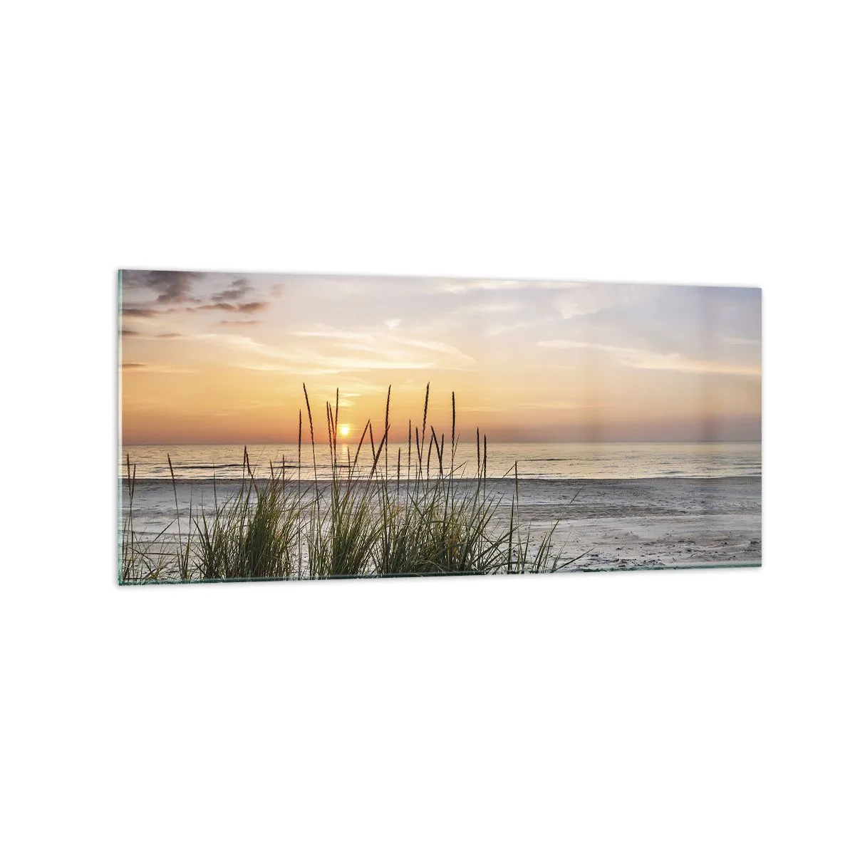 Quadro su vetro - Una spiaggia sabbiosa al tramonto con l'erba sullo sfondo - 120x50cm - Guarda, pensa, senti - Decorazione murale moderna per soggiorno e camera da letto ARTTOR