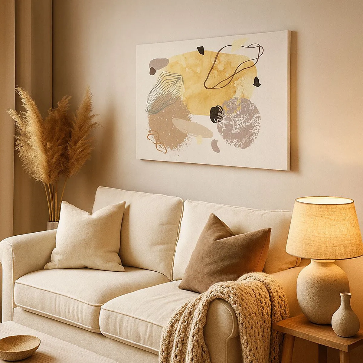 Quadro su tela - Stampe su Tela - Una composizione di forme astratte nei toni del beige e del giallo. - 70x50cm - Schizzologia applicata - Decorazione murale moderna per soggiorno e camera da letto ARTTOR
