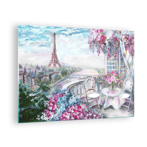 Quadro su vetro - Illustrazione di una vista della Torre Eiffel con un balcone pieno di fiori - 70x50cm - Bellissimo qui a maggio - Decorazione murale moderna per soggiorno e camera da letto ARTTOR