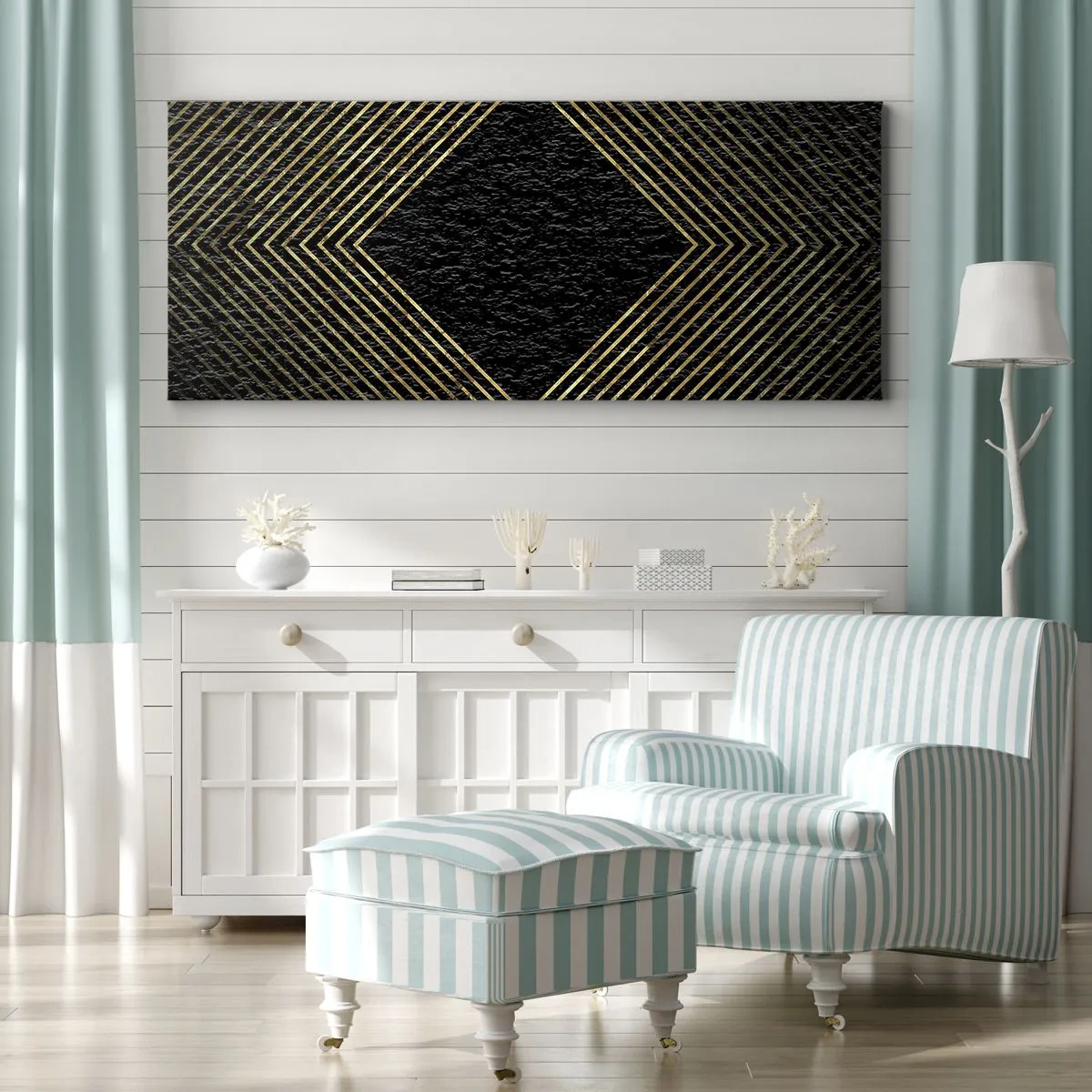 Quadro su tela - Stampe su Tela - Sfondo nero con motivo geometrico di linee dorate - 140x50cm - Geometria in stile glamour - Decorazione murale moderna per soggiorno e camera da letto ARTTOR