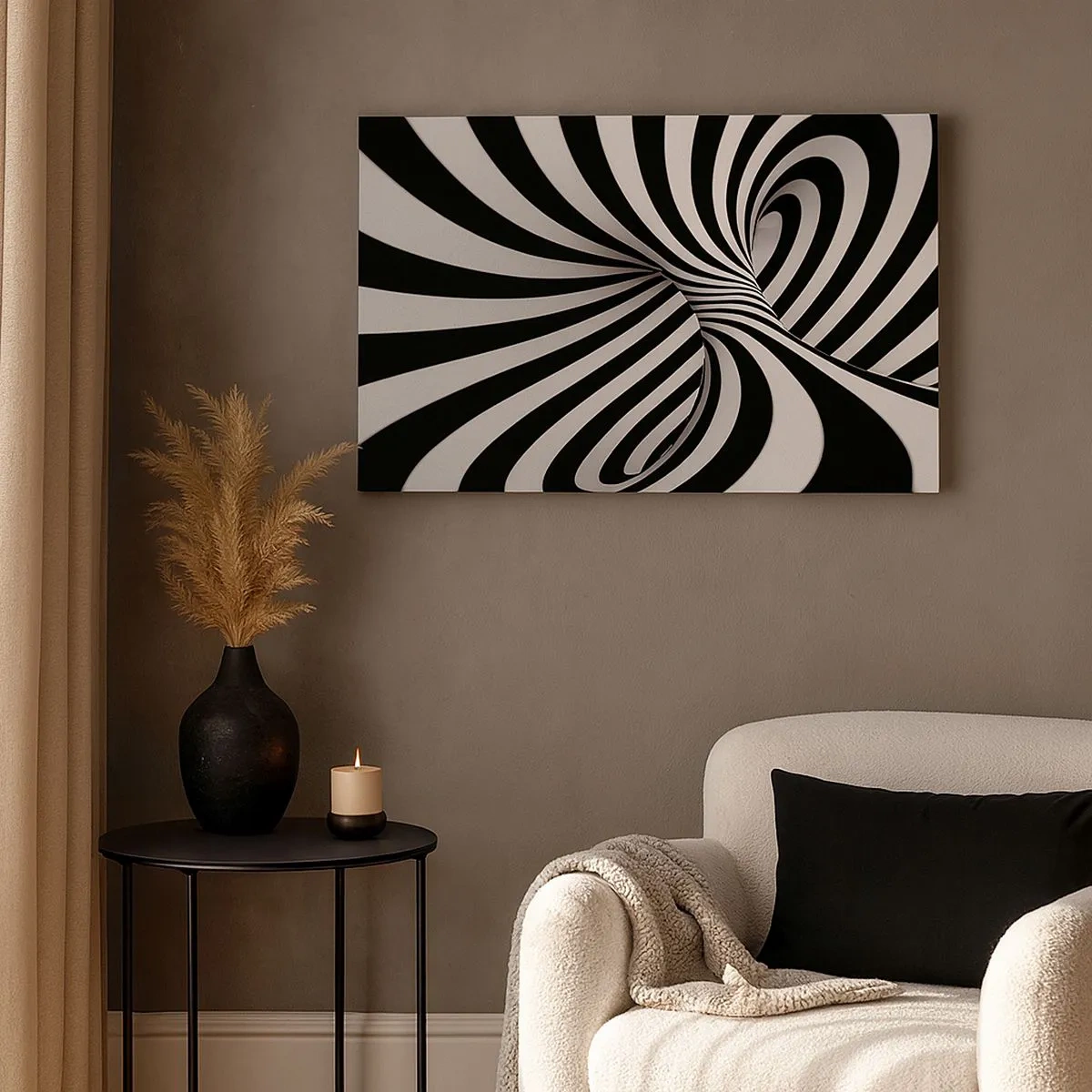Quadro su tela - Stampe su Tela - Tunnel astratto con strisce a spirale bianche e nere - 70x50cm - Composizione: spazio danzante - Decorazione murale moderna per soggiorno e camera da letto ARTTOR