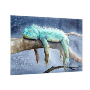 Quadro su vetro - Iguana blu sdraiata su un ramo in stile acquerello - 100x70cm - Va tutto bene! - Decorazione murale moderna per soggiorno e camera da letto ARTTOR