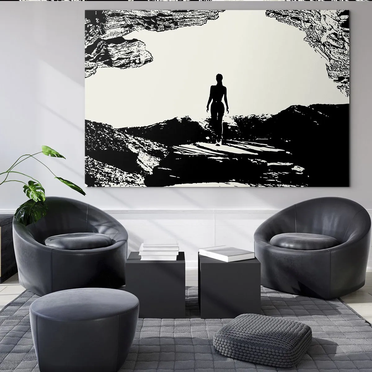 Quadro su vetro - Silhouette di una donna che emerge da una grotta in grafica in bianco e nero - 120x80cm - Un nuovo sguardo - Decorazione murale moderna per soggiorno e camera da letto ARTTOR