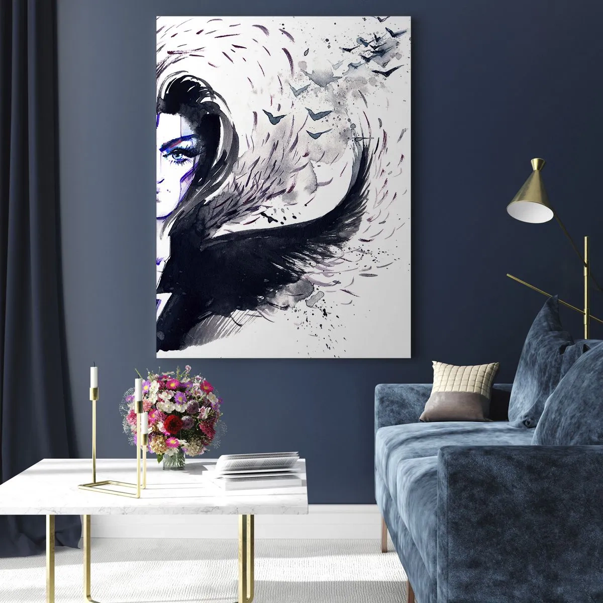 Quadro su vetro - Ritratto astratto con elementi dinamici e nero - 50x70cm - Bella e demoniaca - Decorazione murale moderna per soggiorno e camera da letto ARTTOR