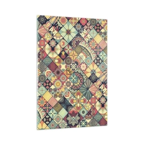 Quadro su vetro - Motivi geometrici colorati ispirati allo stile marocchino - 80x120cm - L'atmosfera del Marocco - Decorazione murale moderna per soggiorno e camera da letto ARTTOR