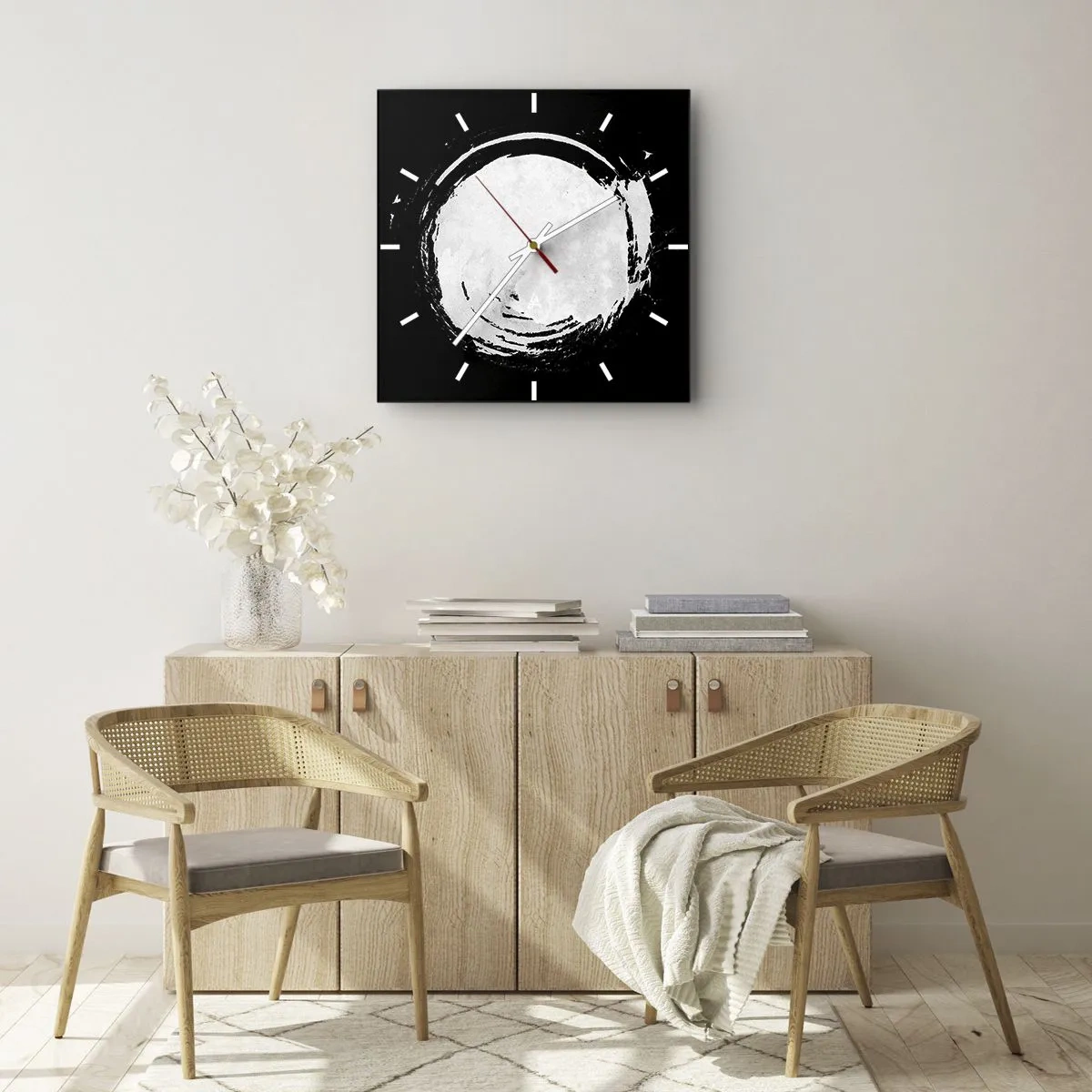 Orologio da parete - Orologio in Vetro - Un cerchio bianco su sfondo nero in stile minimalista. - 30x30cm - Una buona soluzione - Decorazione murale moderna per soggiorno e camera da letto ARTTOR