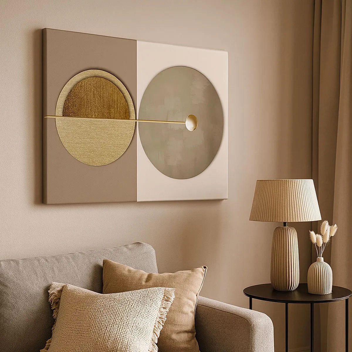 Quadro su tela - Stampe su Tela - Cerchi astratti nei toni dell'oro e del beige - 70x50cm - Equilibrio perfetto - Decorazione murale moderna per soggiorno e camera da letto ARTTOR