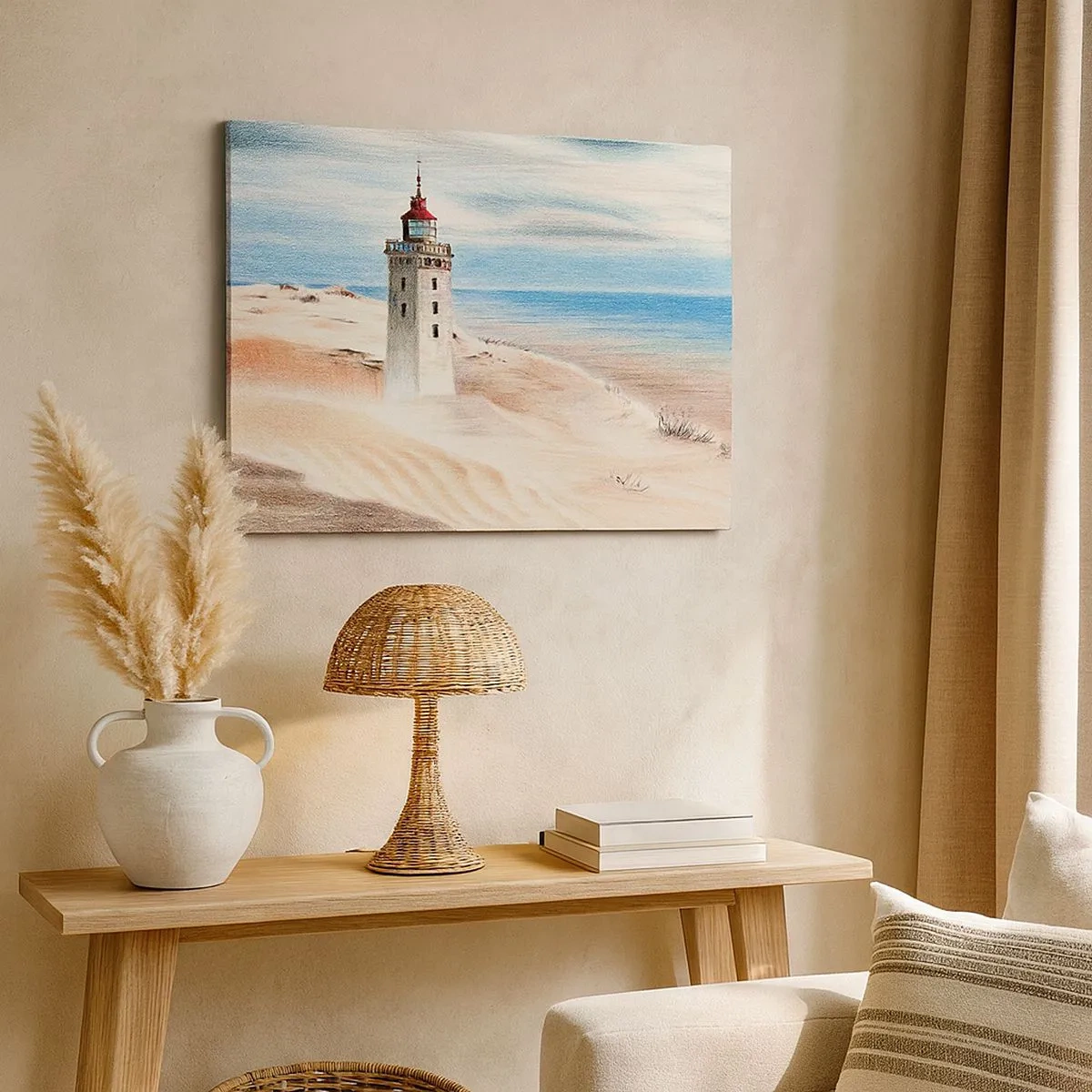 Quadro su tela - Stampe su Tela - Un faro circondato da dune di sabbia e un cielo azzurro - 70x50cm - Sempre guardando il mare - Decorazione murale moderna per soggiorno e camera da letto ARTTOR