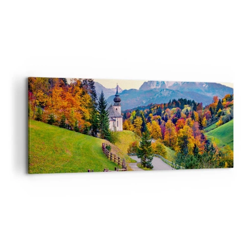 Quadro su tela - Stampe su Tela - Paesaggio montano autunnale con cappella e tramonto - 120x50cm - Un paesaggio come dipinto - Decorazione murale moderna per soggiorno e camera da letto ARTTOR