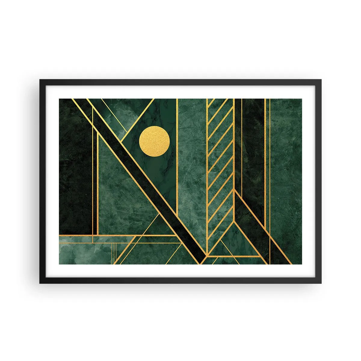 Poster in cornice nera - Design geometrico verde e oro con un motivo elegante - 70x50cm - Dinamica di oro e azzurro - Decorazione murale moderna per soggiorno e camera da letto ARTTOR