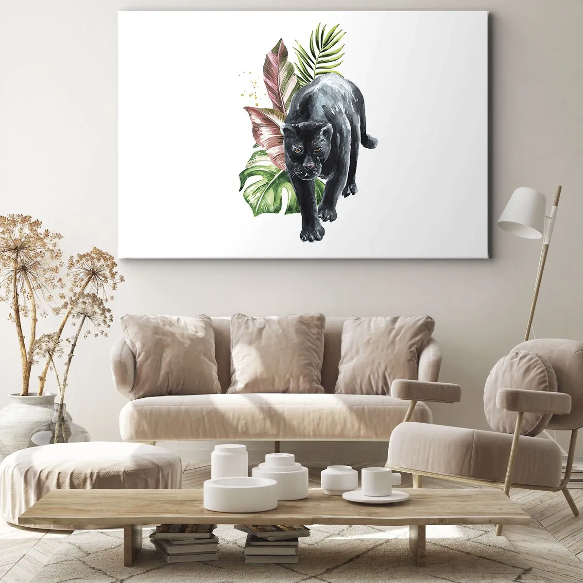Quadro su tela - Stampe su Tela - Pantera nera circondata da foglie tropicali - 70x50cm - Cuore selvaggio - Decorazione murale moderna per soggiorno e camera da letto ARTTOR
