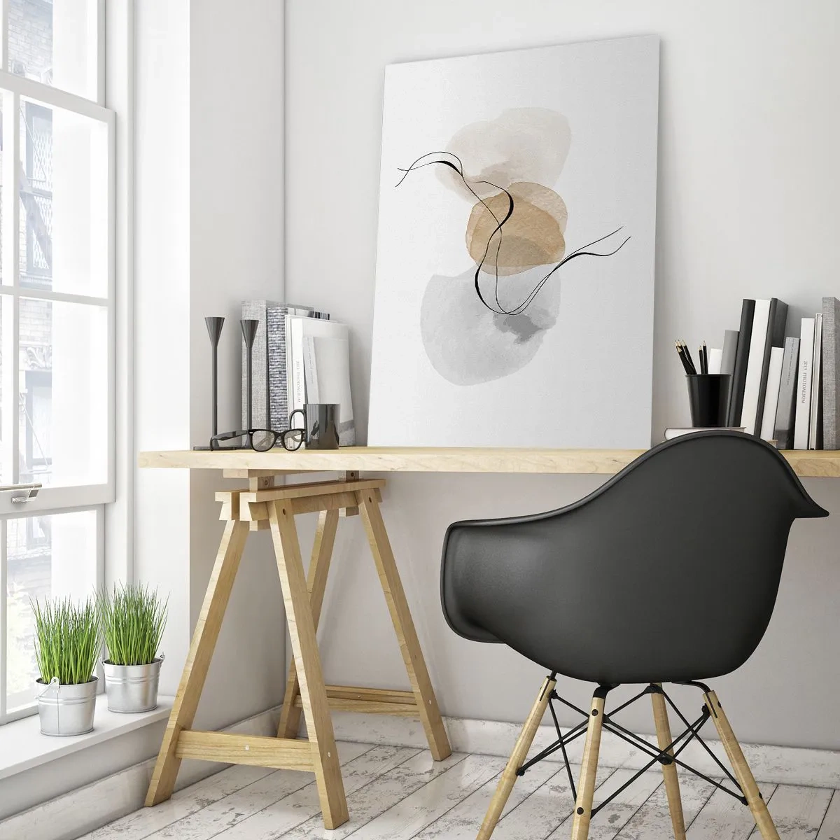 Quadro su vetro - Una sottile astrazione con macchie pastello e linee nere. - 50x70cm - Grani d'aria - Decorazione murale moderna per soggiorno e camera da letto ARTTOR