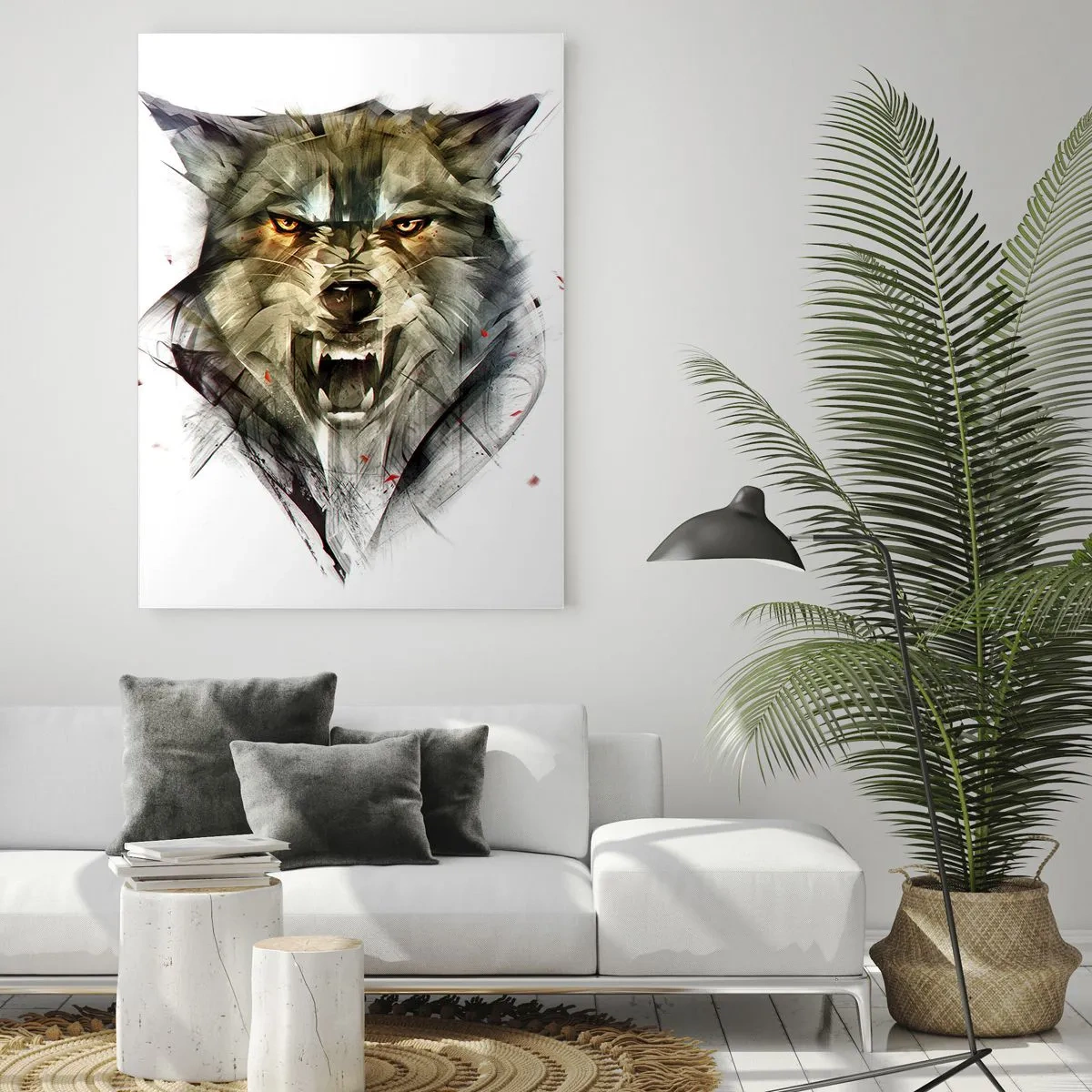 Quadro su vetro - Un'immagine di un lupo minaccioso con la bocca aperta e uno sguardo intenso - 50x70cm - Non si passa! - Decorazione murale moderna per soggiorno e camera da letto ARTTOR