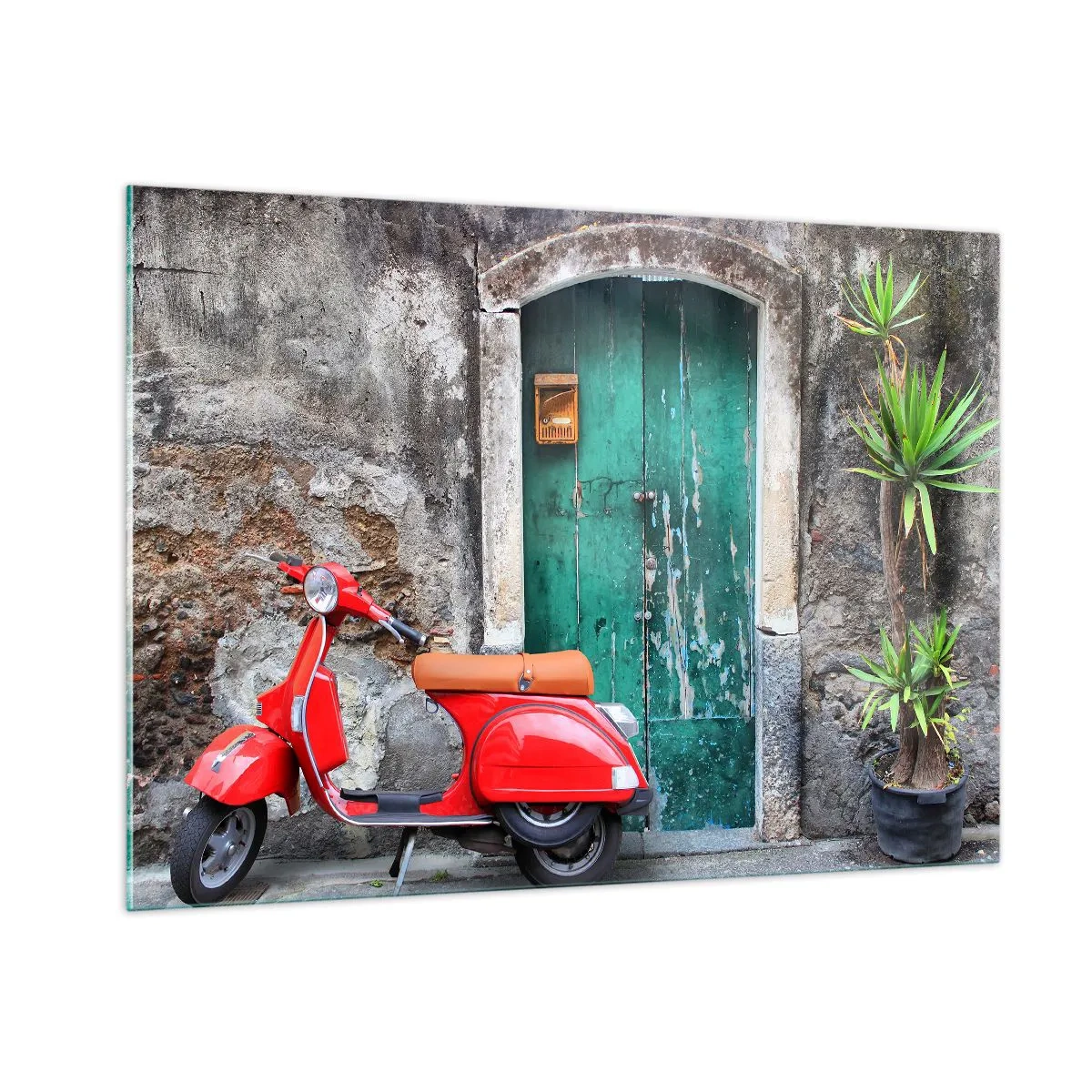Quadro su vetro - Scooter rosso contro una porta verde - 100x70cm - Vacanze italiane - Decorazione murale moderna per soggiorno e camera da letto ARTTOR