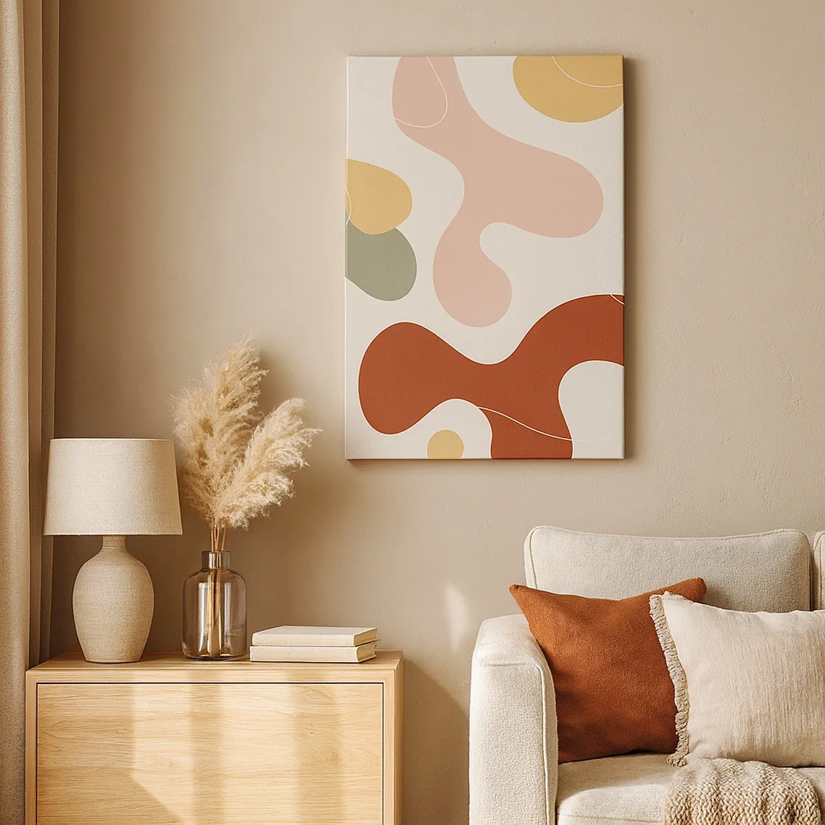 Quadro su tela - Stampe su Tela - Una composizione astratta in tonalità pastello con forme dinamiche. - 50x70cm - Ghirigori - Decorazione murale moderna per soggiorno e camera da letto ARTTOR