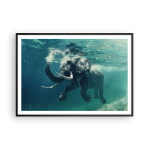 Poster in cornice nera - Un elefante che nuota sott'acqua nelle profondità turchesi - 100x70cm - Tutti amano nuotare - Decorazione murale moderna per soggiorno e camera da letto ARTTOR