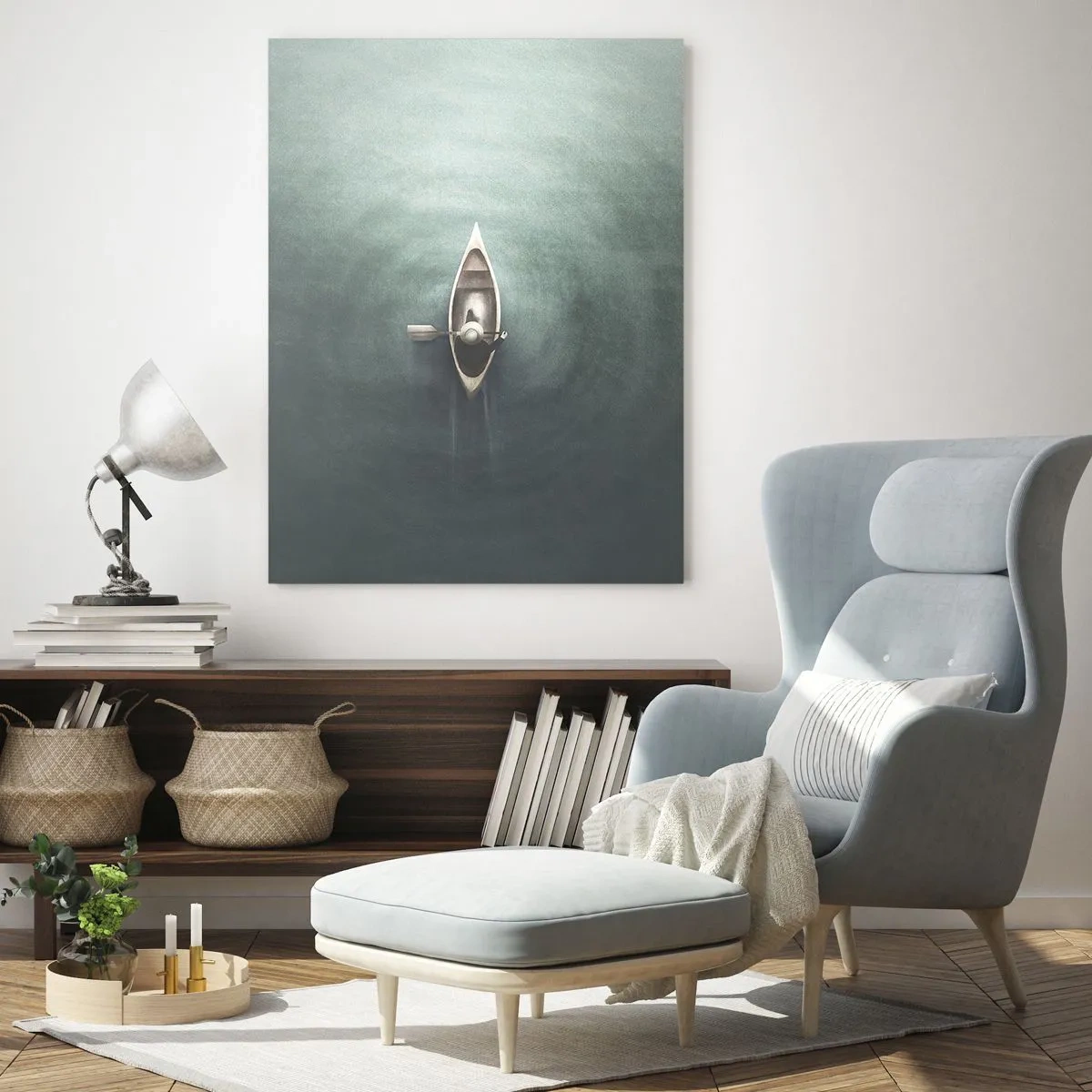 Quadro su vetro - Una barca solitaria alla deriva su un lago calmo e verdastro - 50x70cm - Nel lago al chiaro di luna - Decorazione murale moderna per soggiorno e camera da letto ARTTOR