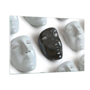 Quadro su vetro - Una maschera in bianco e nero su uno sfondo di maschere bianche su uno sfondo chiaro - 120x80cm - Come distinguersi? - Decorazione murale moderna per soggiorno e camera da letto ARTTOR